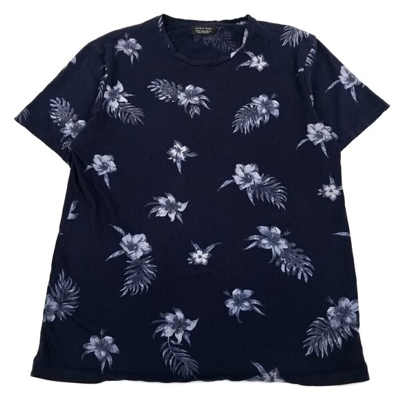 Zara Man Floral Print Hawaiian Vacation Crew Short Sleeve Tee TShirt Navy Medium - Picture 1 of 6